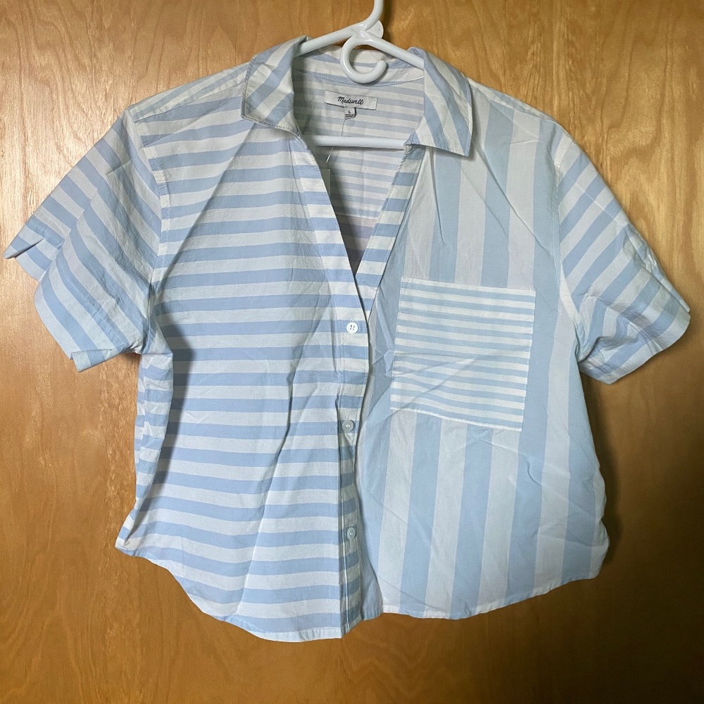 Madewell cropped blue and white striped blouse L large NWT